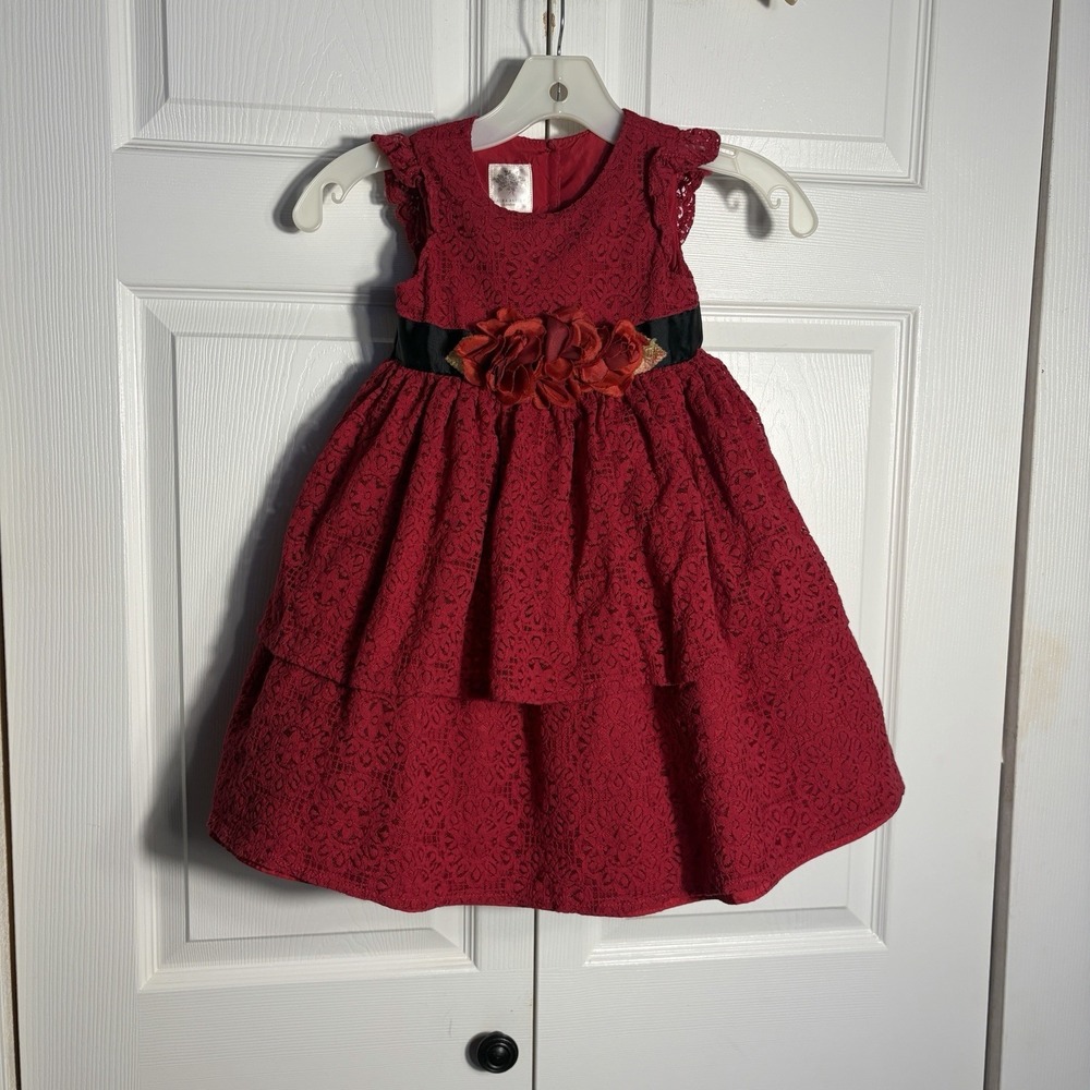 Laura Ashley Sleeveless Lace Dress Girls 4 Red Floral Sash Black Bow Tulle Lined